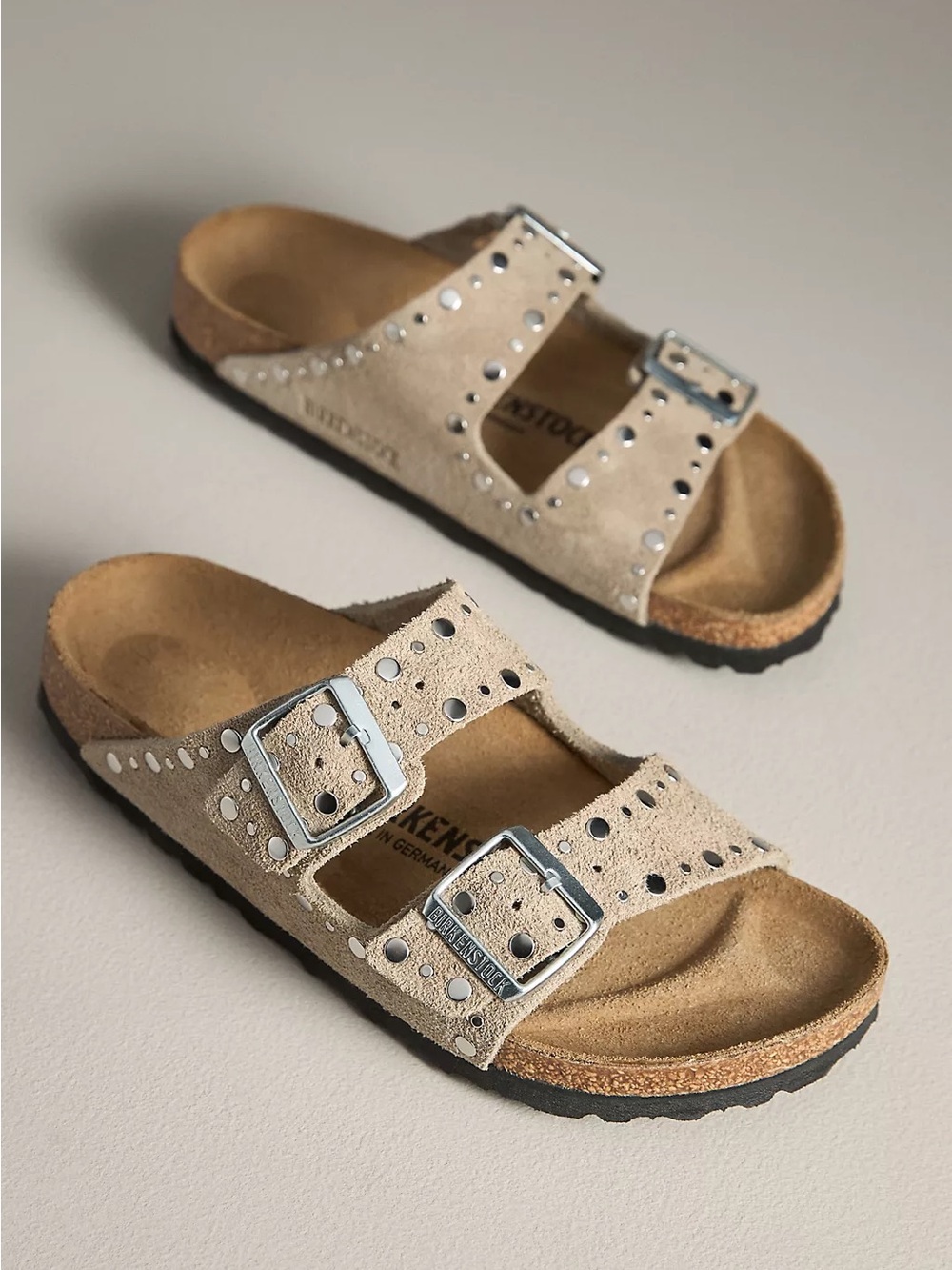 New Birkenstock Arizona Rivets Studded Sandals Taupe Suede